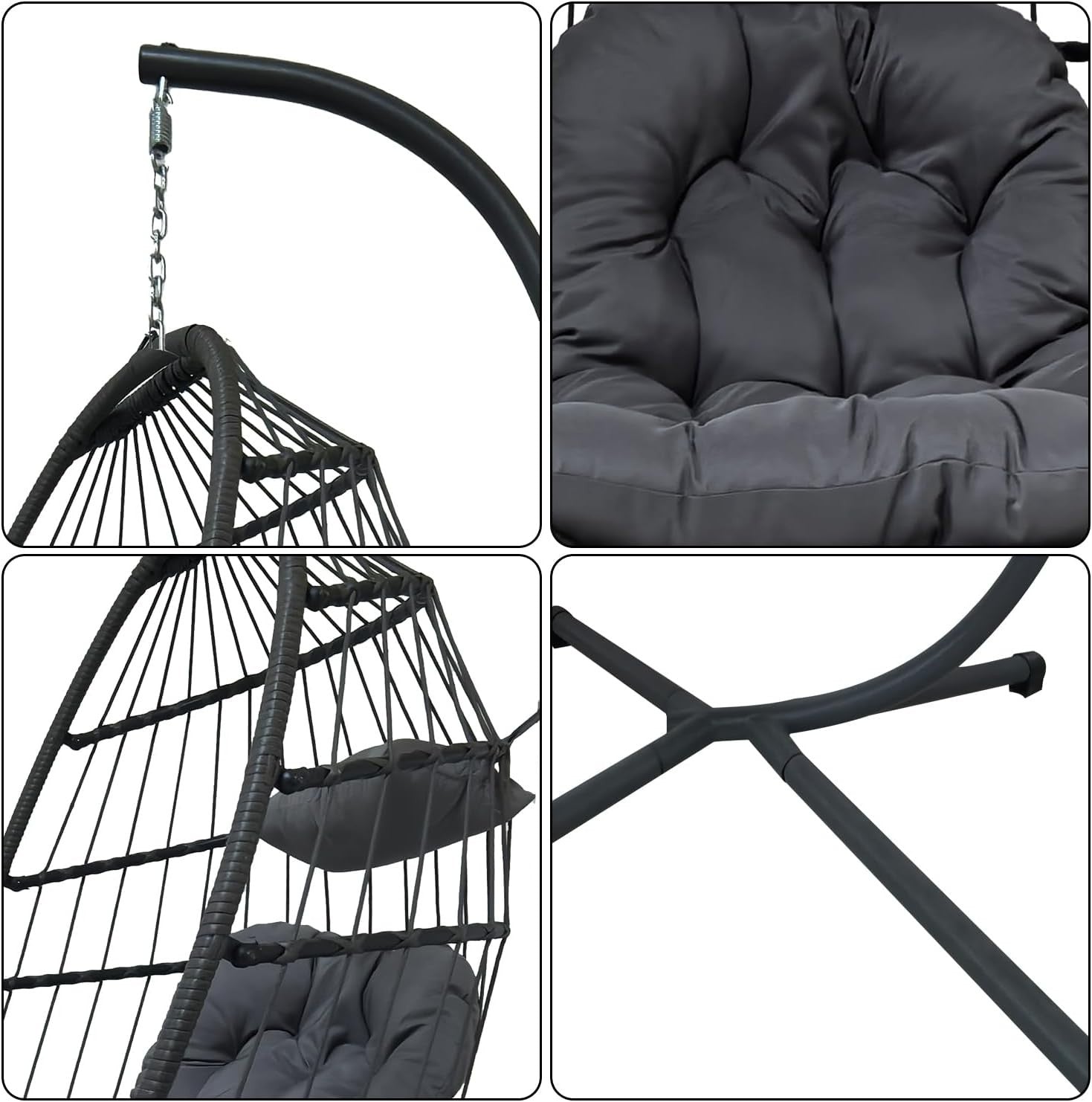 Foldable Rattan Hanging Egg Chair with Cushion for Indoor Outdoor (Light Grey)