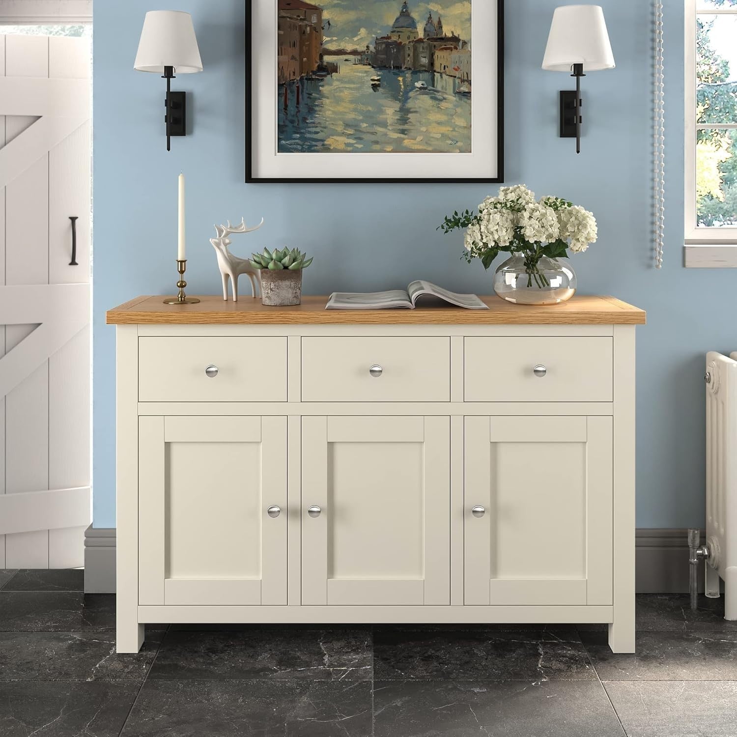 Cream Sideboard Storage Cabinet Oak Top 3 Door 3 Drawer Cupboard