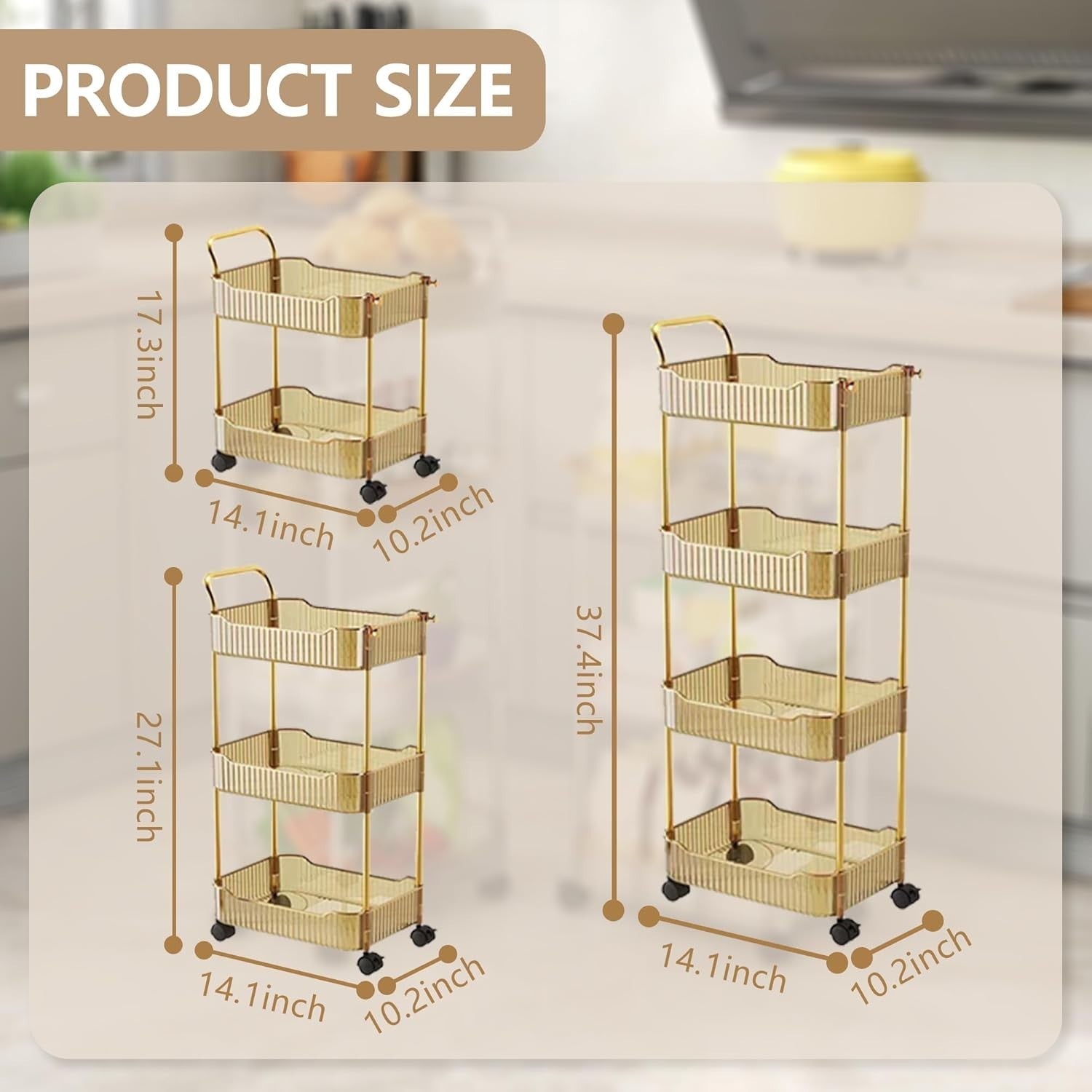 3 Tier Rolling Storage Trolley Acrylic Utility Cart Lockable Wheels Gold