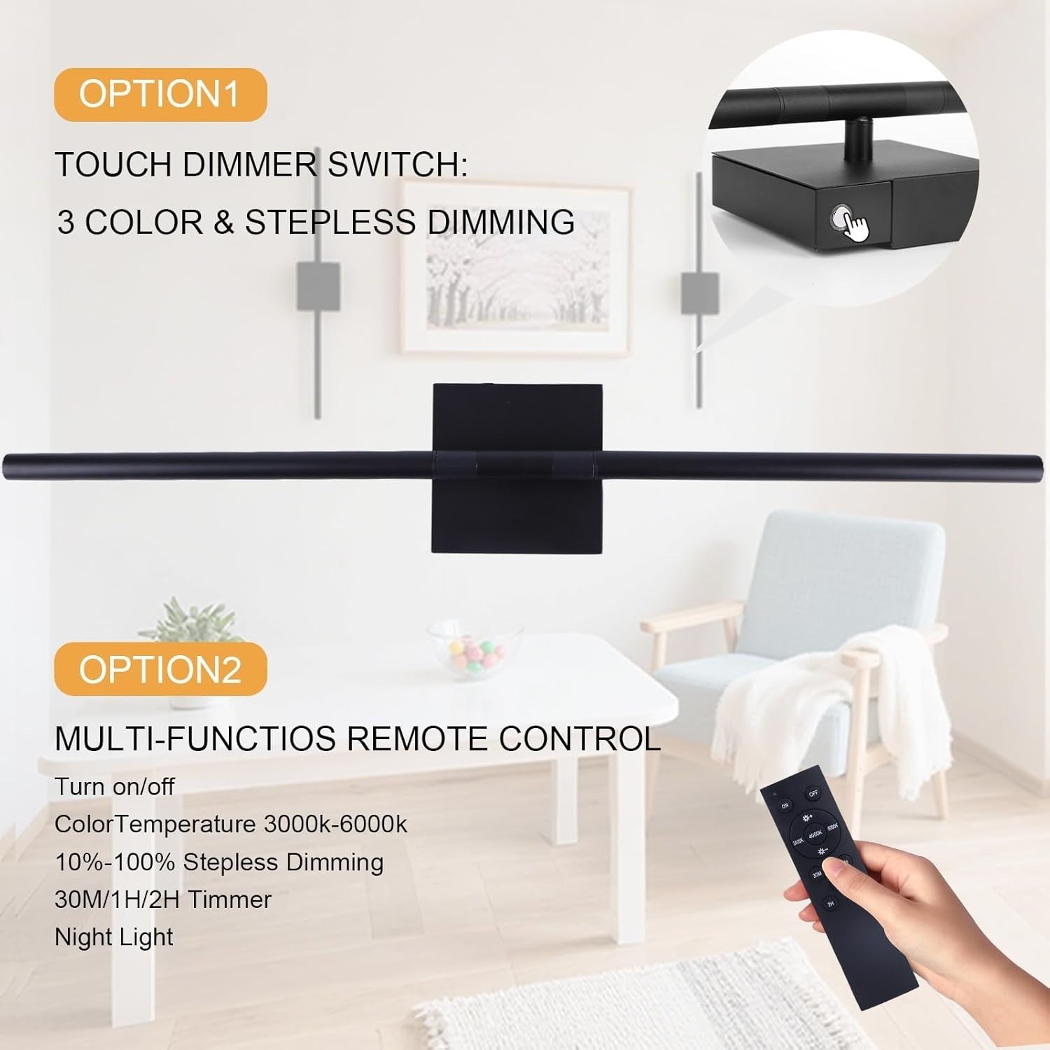 Rechargeable LED Wall Lights 2-Pack Touch Remote Dimmable 70CM Modern Sconce
