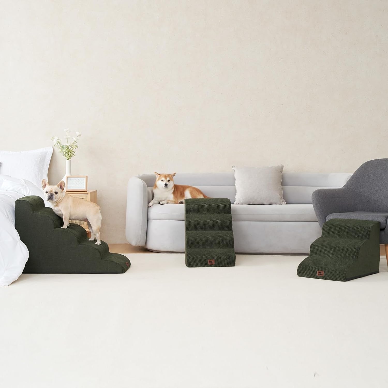 5 Step Dog Stairs for High Bed Non Slip Pet Steps Olive 83.5cm