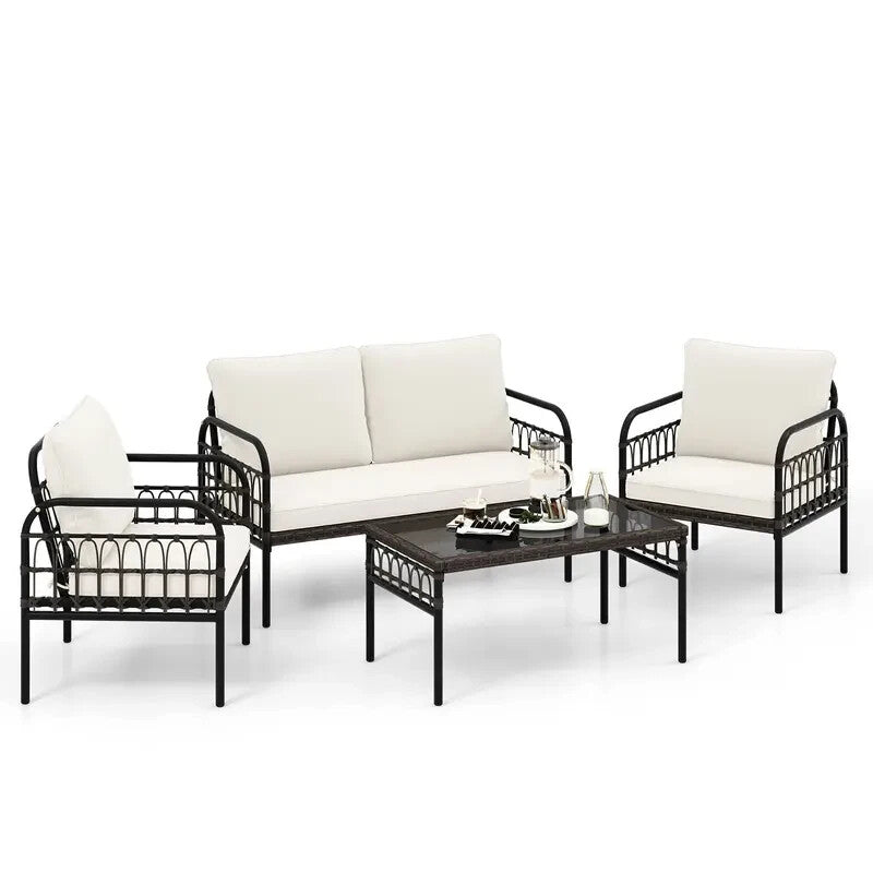 4PC Garden Patio Furniture Set – Rattan Chairs, Loveseat & Glass Table