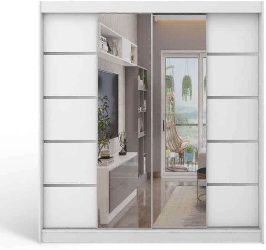 200cm Sliding Mirror Wardrobe White 2 Door Modern Bedroom Storage Unit