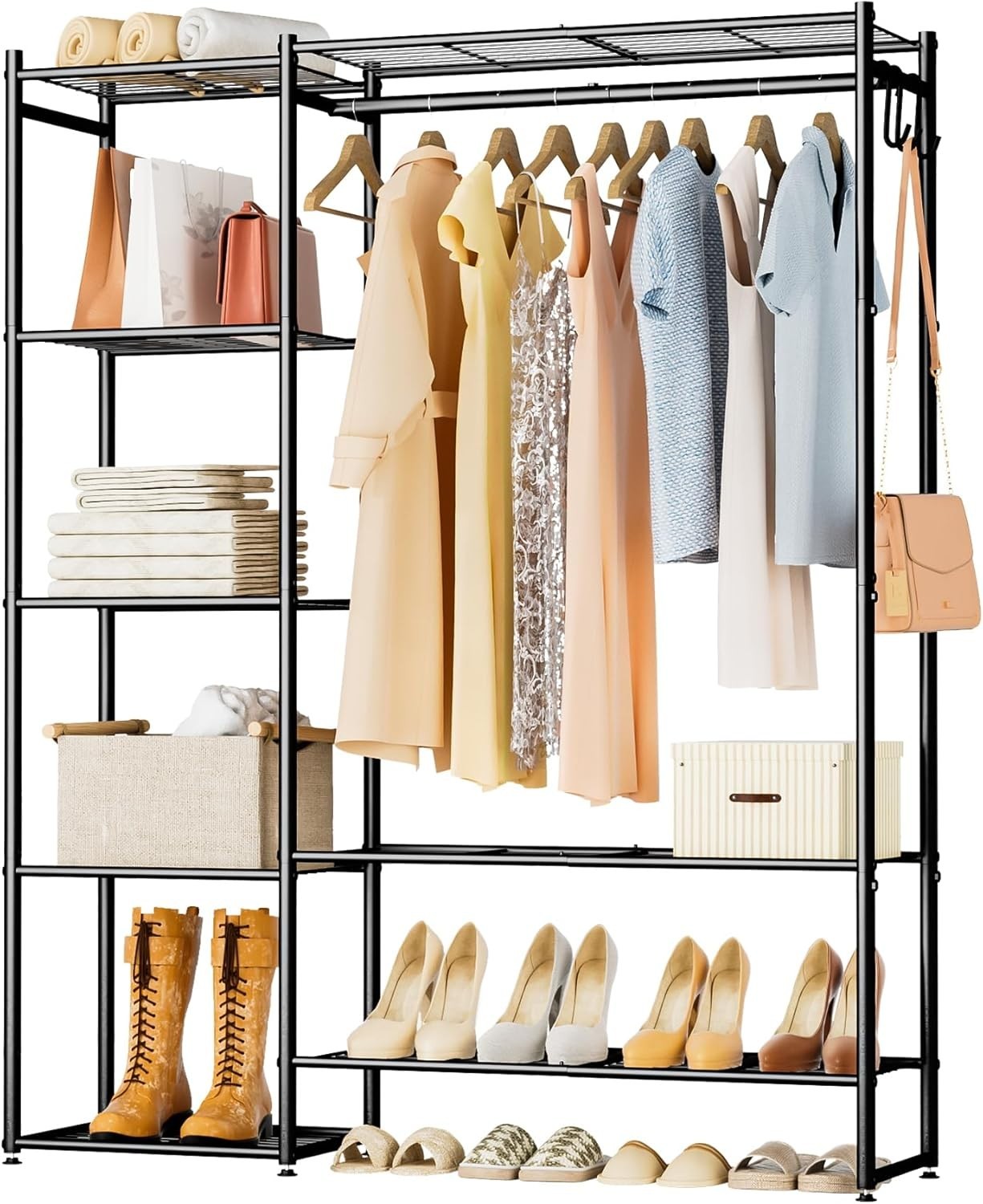 Heavy Duty Clothes Rail with Shelves & Hooks – Black 162cm