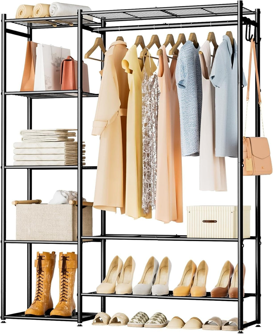 Heavy Duty Clothes Rail with Shelves & Hooks – Black 162cm