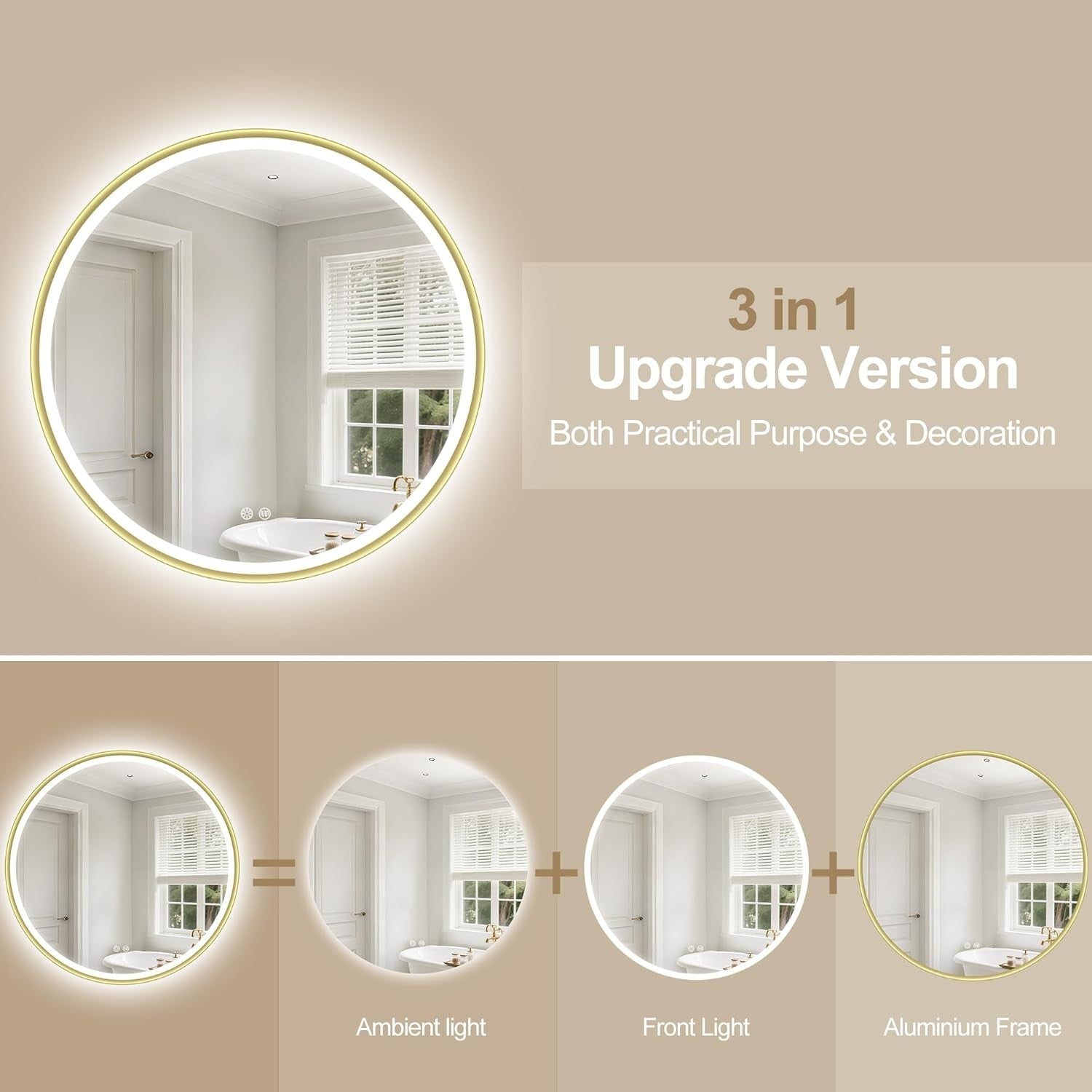 LED Bathroom Mirror 80x80cm Anti-Fog Dimmable Gold Frame Waterproof