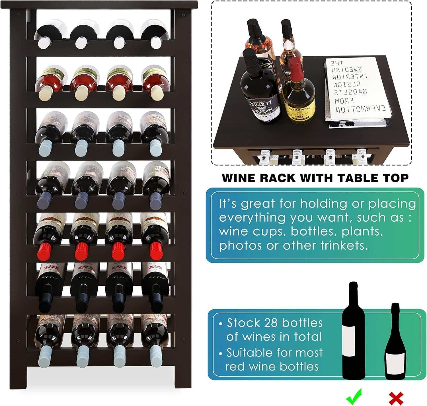 7 Tier Bamboo Wine Rack 28 Bottle Freestanding Storage Shelf Black Home Bar