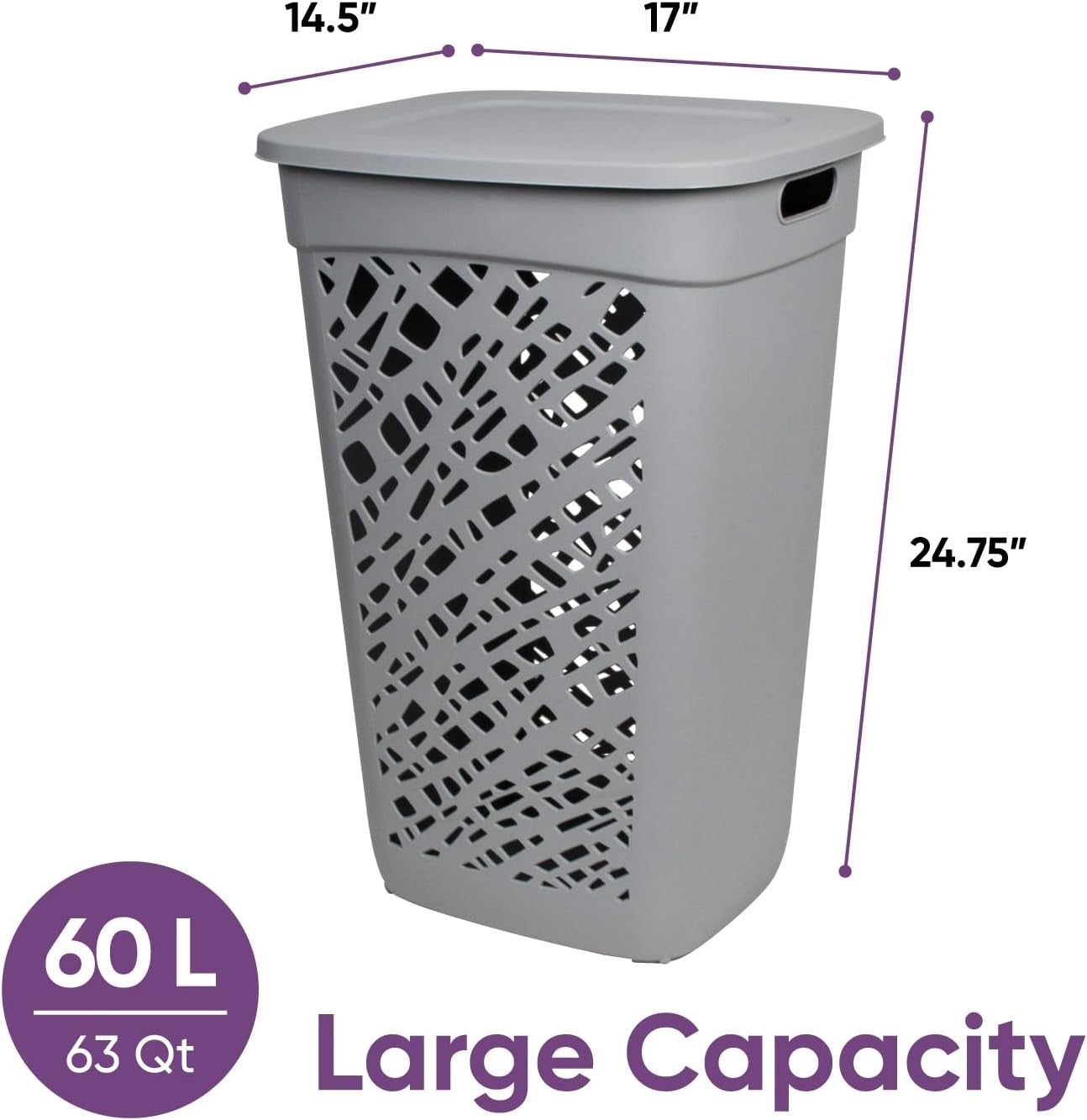 60L Dark Grey Laundry Hamper with Ventilated Mosaic Design & Lid