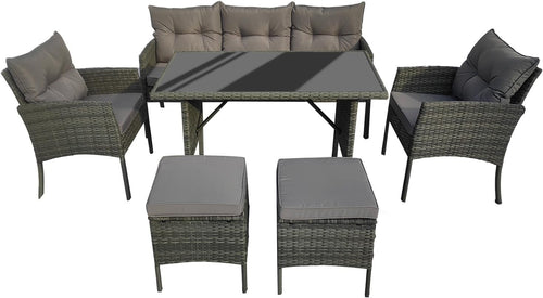 6 Seater Rattan Garden Furniture Set with Cushions Grey Outdoor Sofa Table