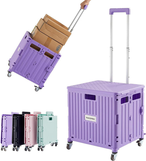 Folding Utility Cart Rolling Crate Trolley Lid Basket 360° Wheels Purple