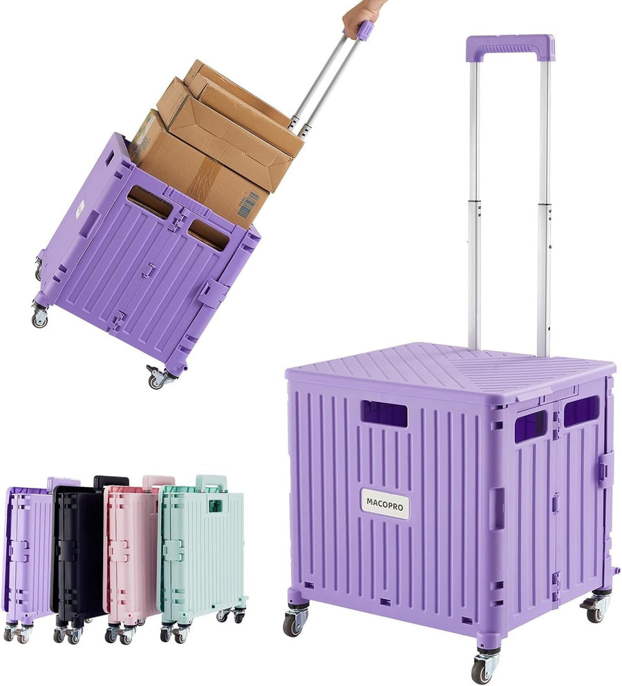 Folding Utility Cart Rolling Crate Trolley Lid Basket 360° Wheels Purple