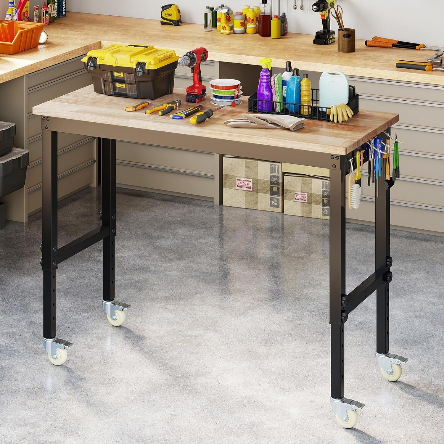 Adjustable Rolling Workbench 1100kg Heavy Duty Bamboo Top 122x51 Locking Wheels