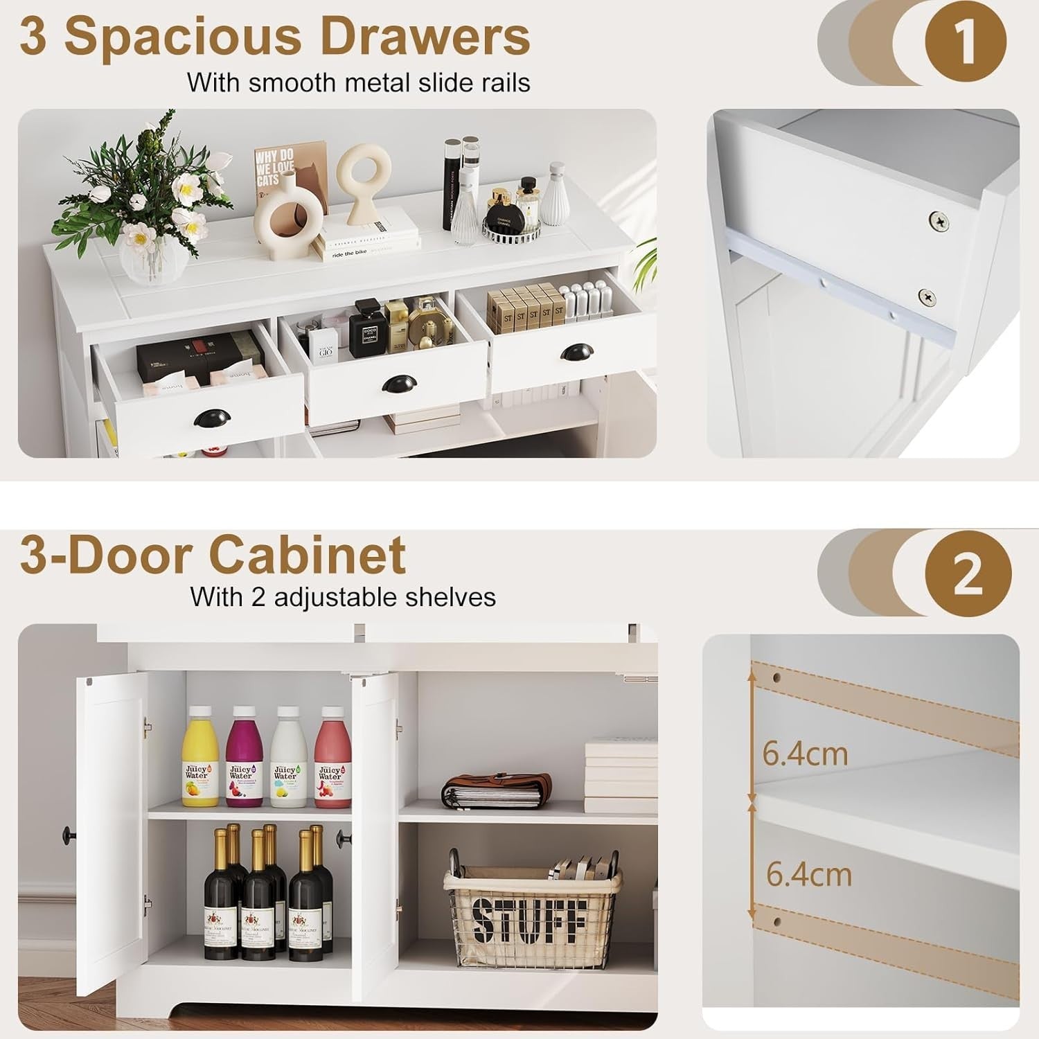 White Sideboard Storage Cabinet with Drawers & Adjustable Shelves Unit