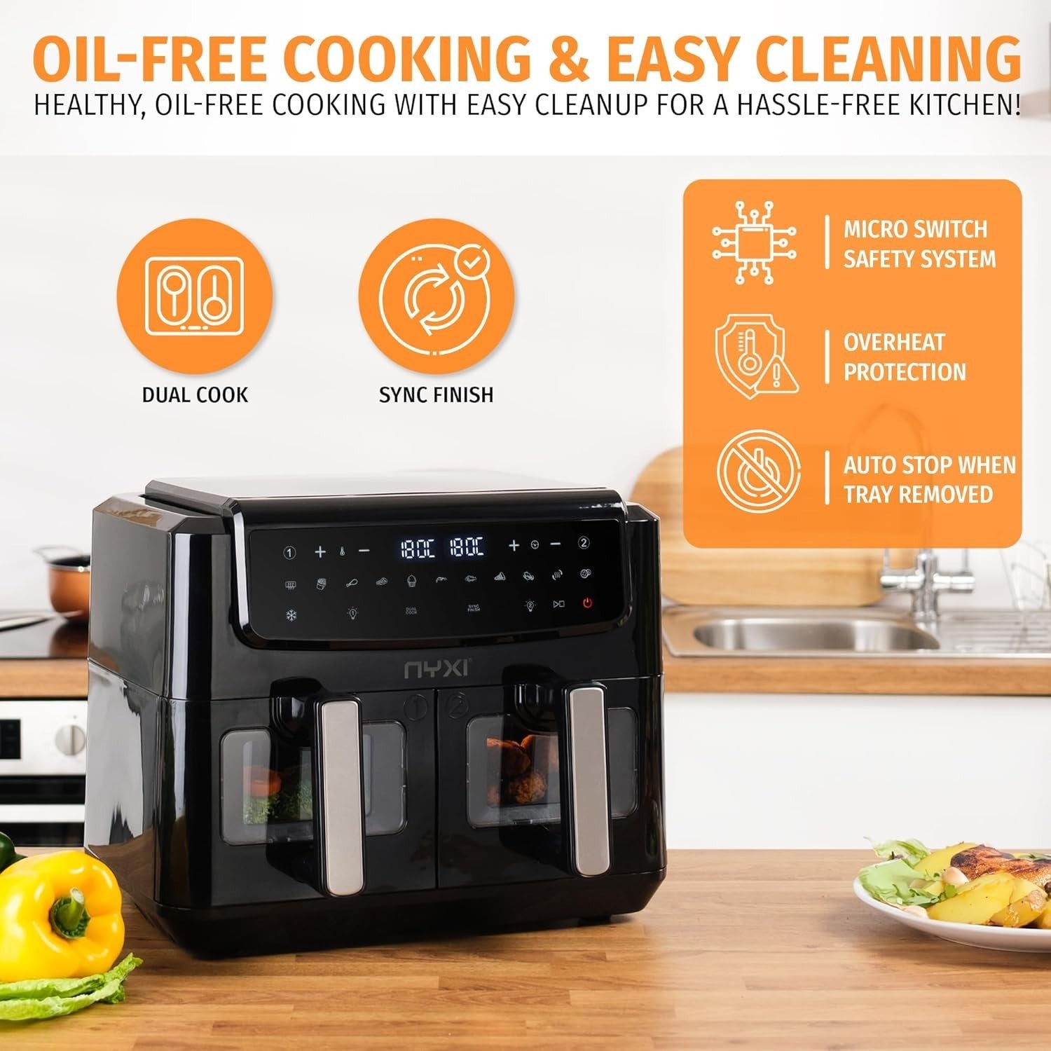 Dual Basket Air Fryer 9L 2600W Viewing Window 13 Modes Touch LED 40-200C
