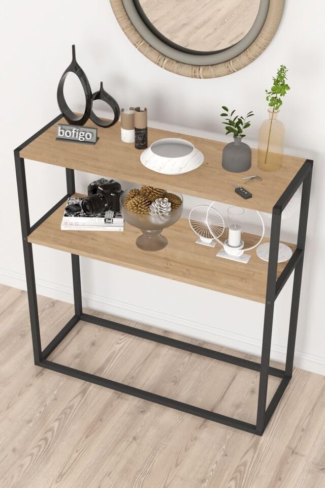 Slim Console Table with 2 Shelves – Modern Wood Top & Metal Frame Storage