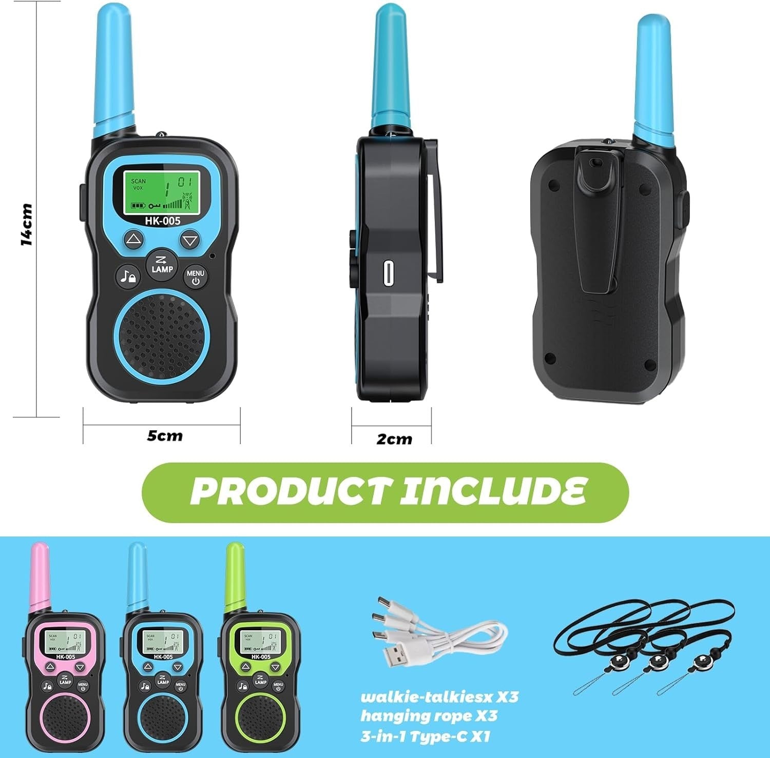 Kids Rechargeable Walkie Talkies 3 Pack Long Range VOX LED Flashlight