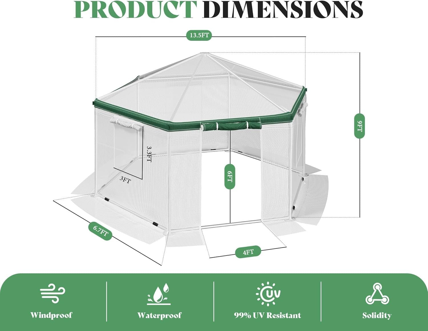 Hexagonal Walk-In Greenhouse 4.1x4.1x2.7m Heavy Duty Waterproof PE Cover