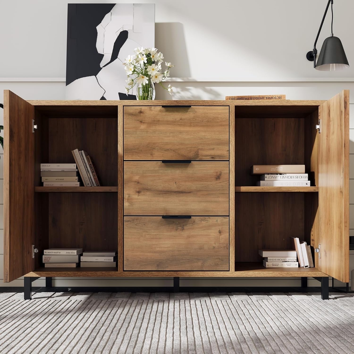 Modern Dark Oak Sideboard Cabinet with Drawers & Shelves Storage