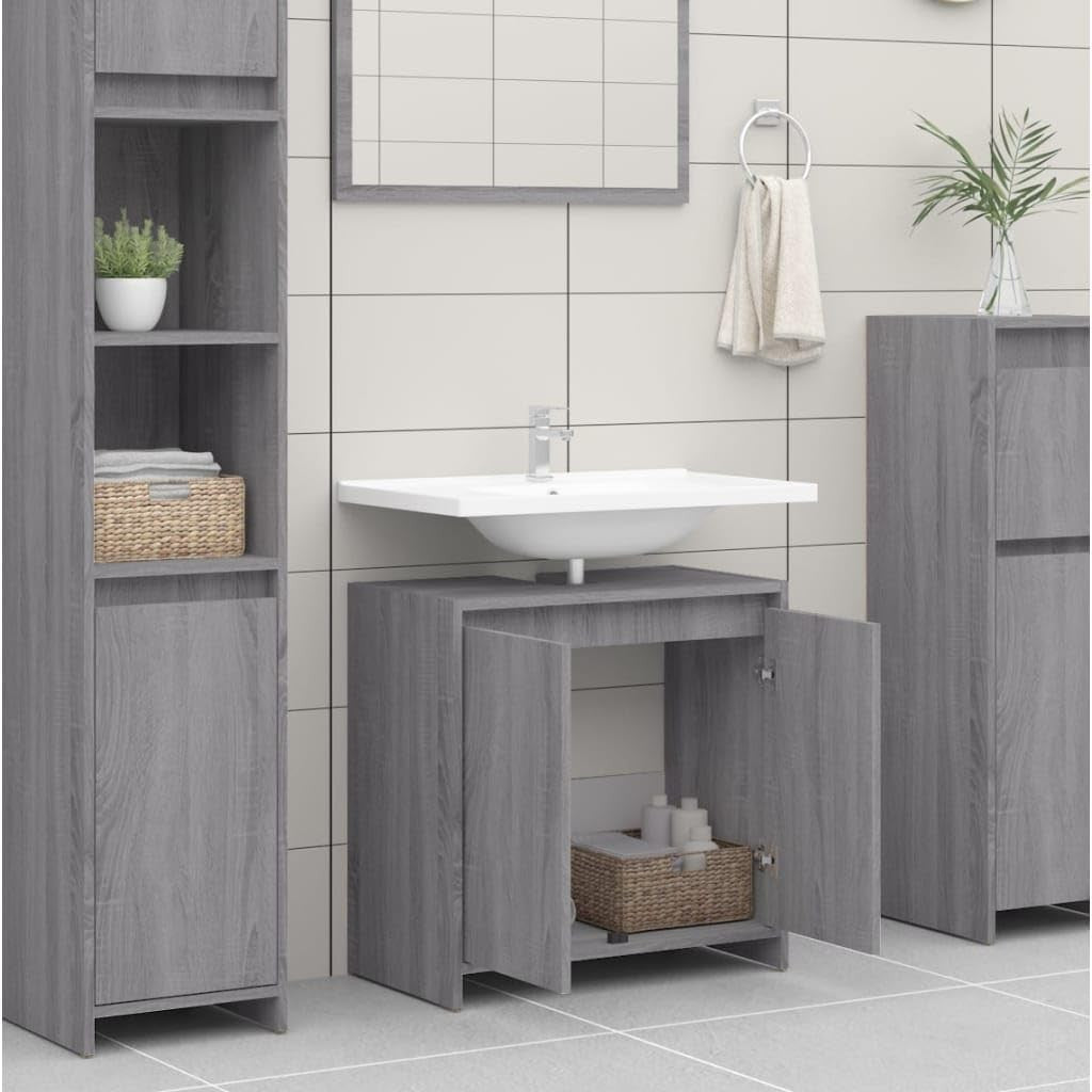 Grey Oak Bathroom Sink Cabinet – 2 Door Under Sink Storage Unit 60x61cm