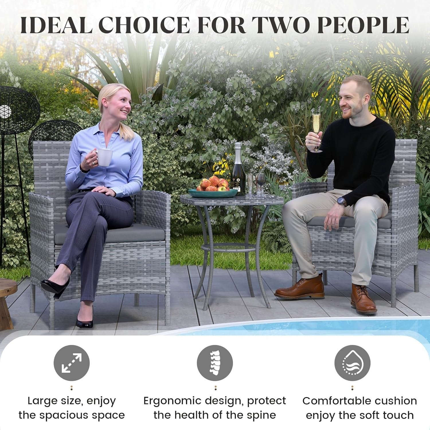 Outdoor Rattan Bistro Set 3PC | Waterproof Cushions | Small Garden Patio