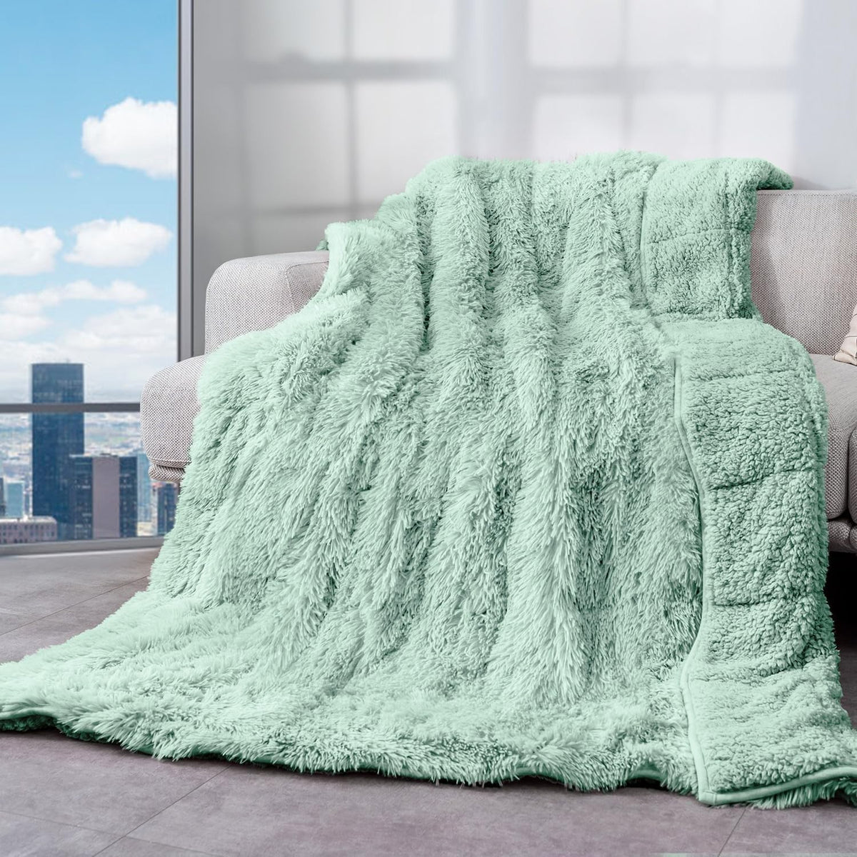 15lbs Weighted Blanket Sage Green 48x72" Faux Fur & Sherpa Cozy Warm