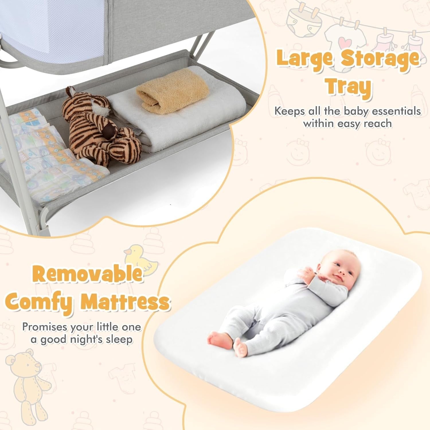 Baby Bedside Crib w/ Mattress 7 Height Adjustable Mesh Sides Storage Shelf Grey