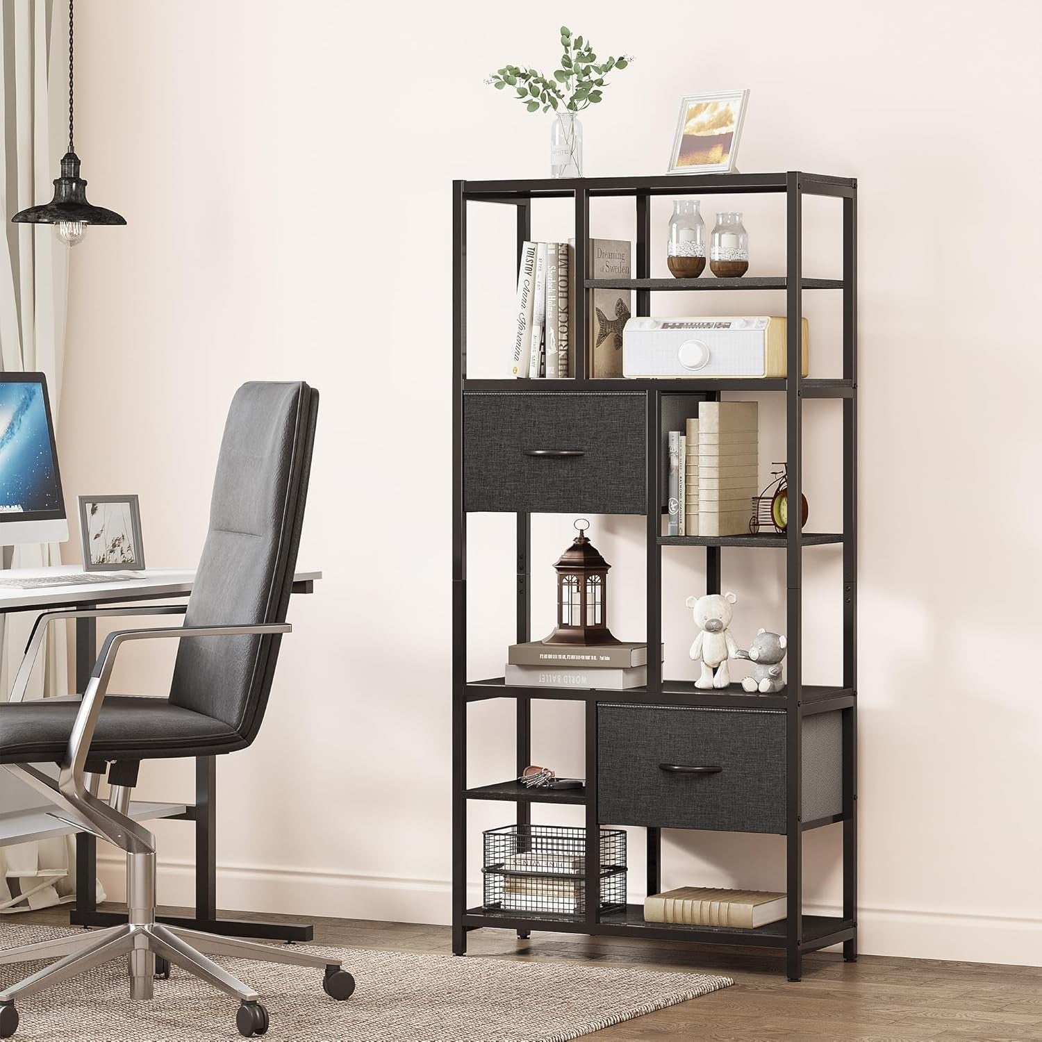 7-Tier Black Industrial Bookshelf with Drawers, Tall Storage Display Unit