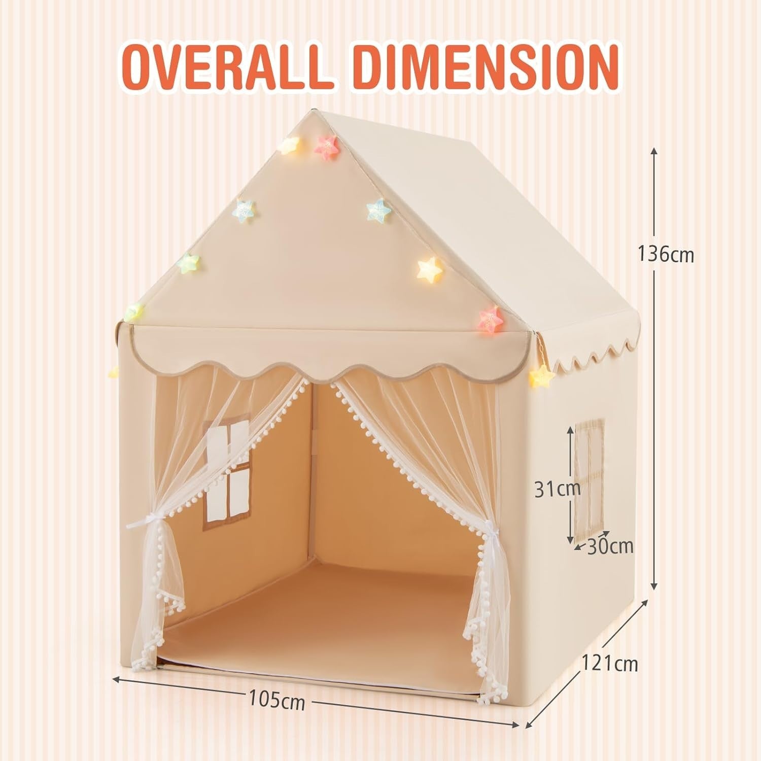 Beige Kids Fairy Castle Play Tent With Star Lights Washable Mat