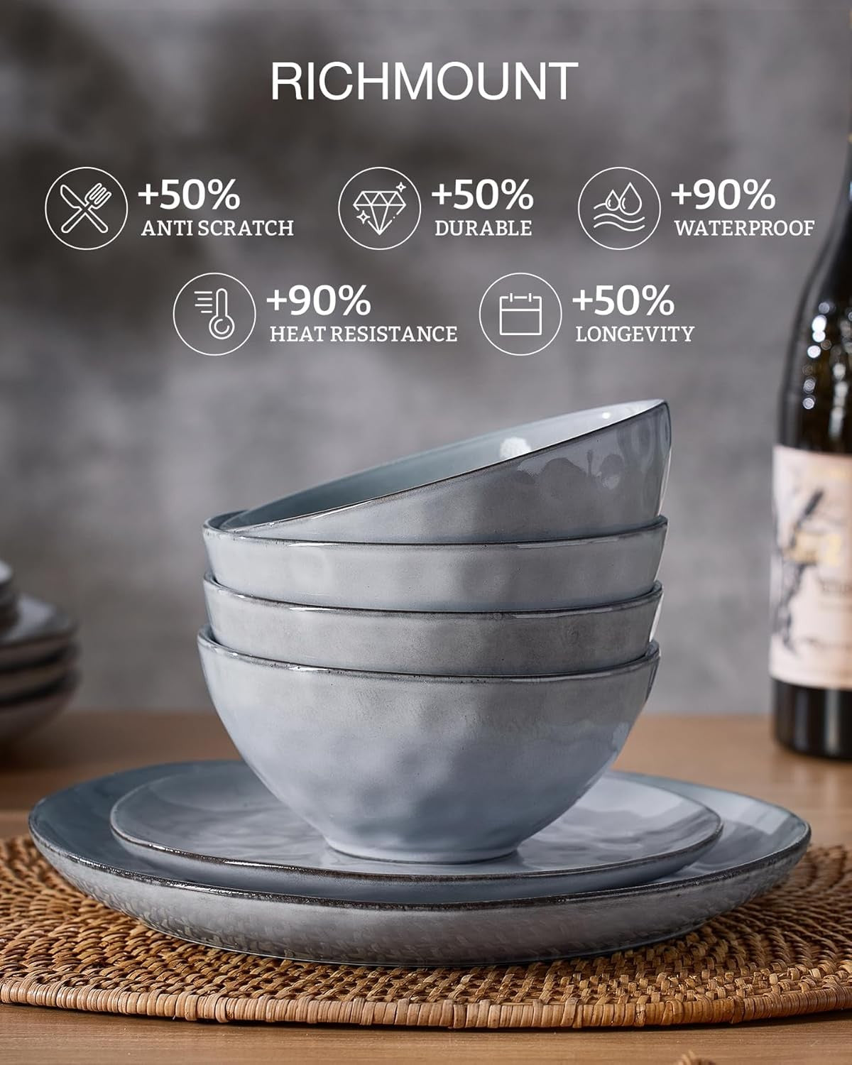 12pc Stoneware Dinner Set Wave Plates Bowls Dishwasher Microwave