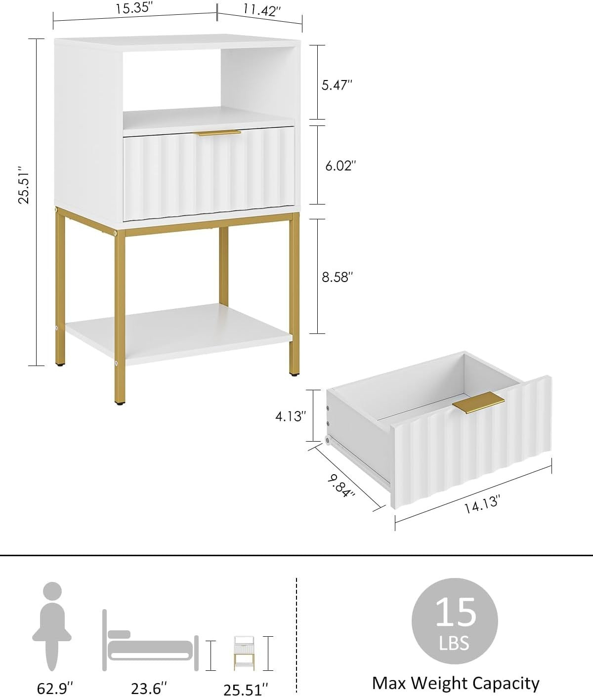 White Bedside Table with Gold Frame – Modern 3-Tier Storage Side Table