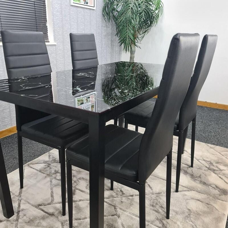 Black Glass Marble Dining Table Set with 4 Faux Leather Chairs Modern