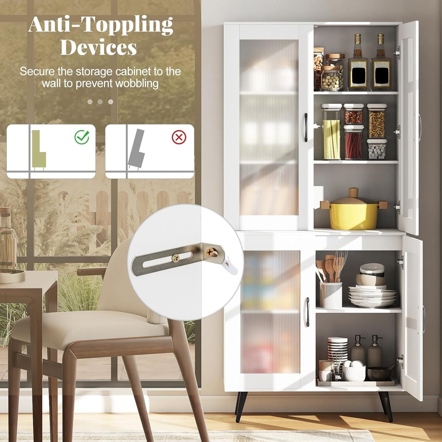5-Tier Kitchen Cupboard with 4 Doors Adjustable Shelf Storage White