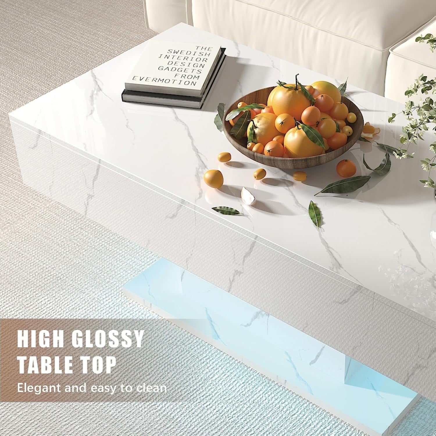 White Marble LED Coffee Table with 2 Drawers, High Gloss 110x55cm