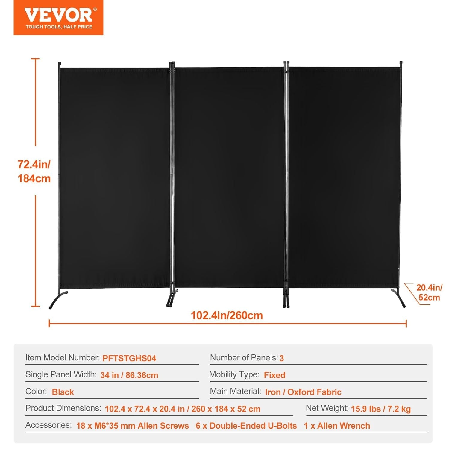 3 Panel Folding Room Divider Black Privacy Screen Freestanding 258x181cm
