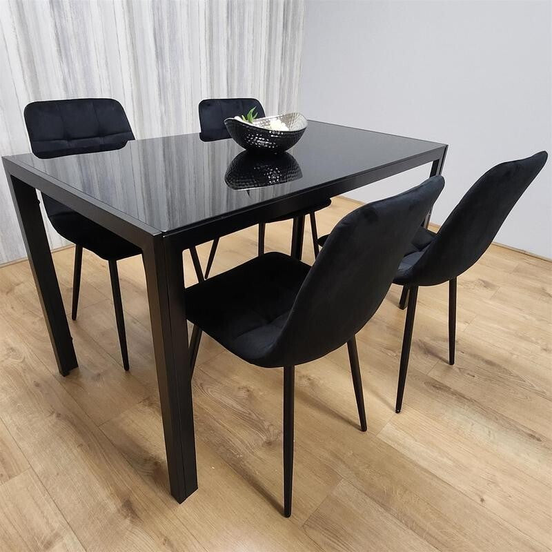 Black Glass Dining Table Set with 4 Chairs Modern Kitchen Dining Room