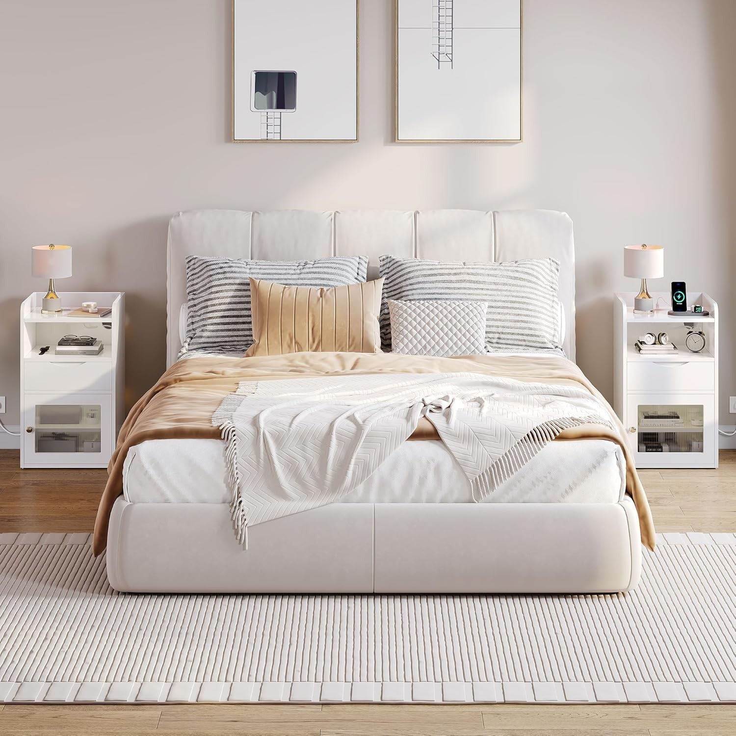 White LED Bedside Table with Charging Station, Drawer Storage & Shelf