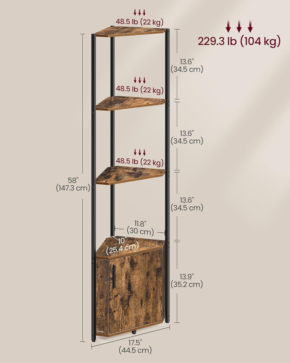 5-Tier Corner Shelf with Storage Cabinet Space-Saving Modern Display Unit Rustic