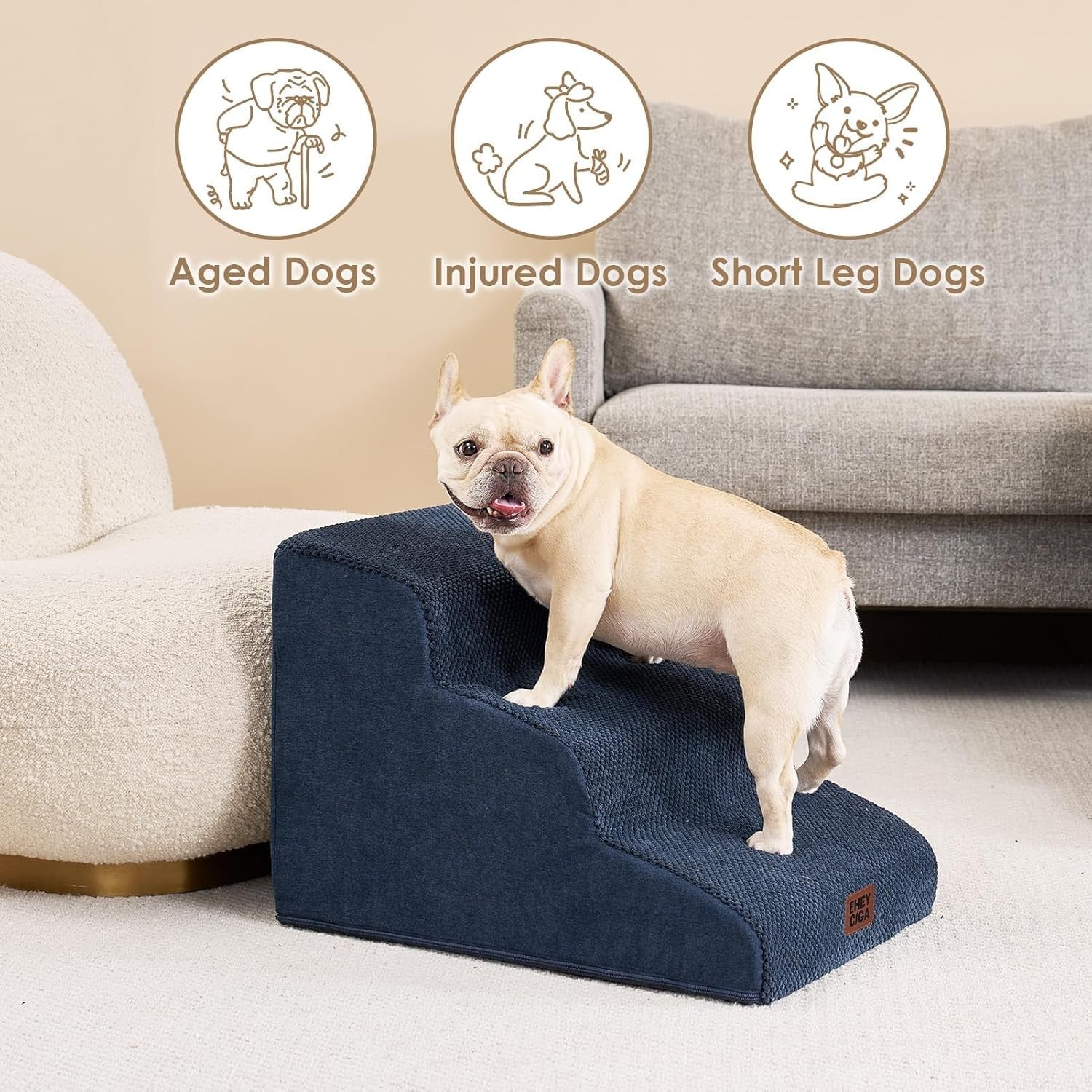 3 Step Dog Stairs for Bed Non Slip Foam Pet Steps Washable Navy