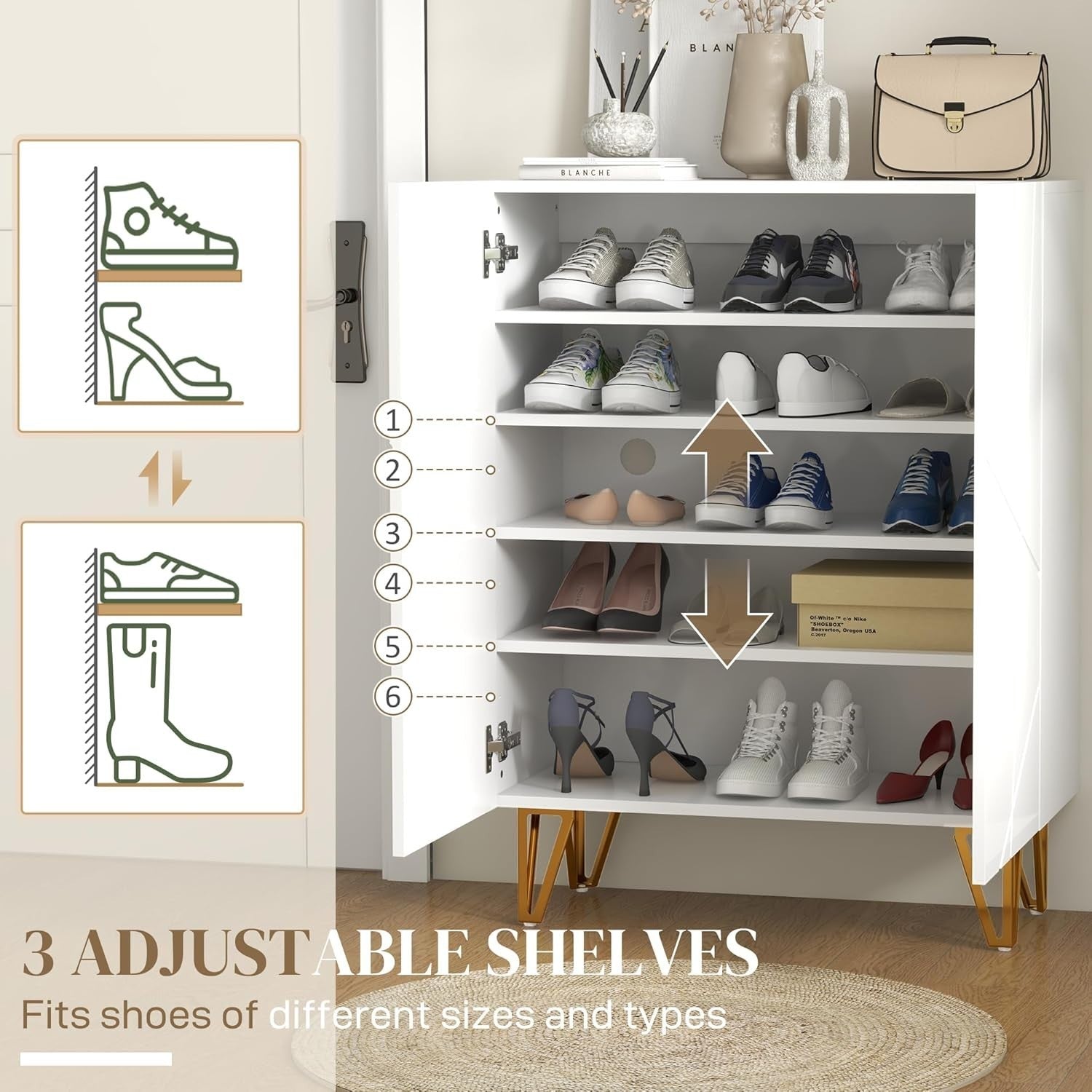 Slim High Gloss Shoe Cabinet with Soft-Close Doors & Adjustable Shelves