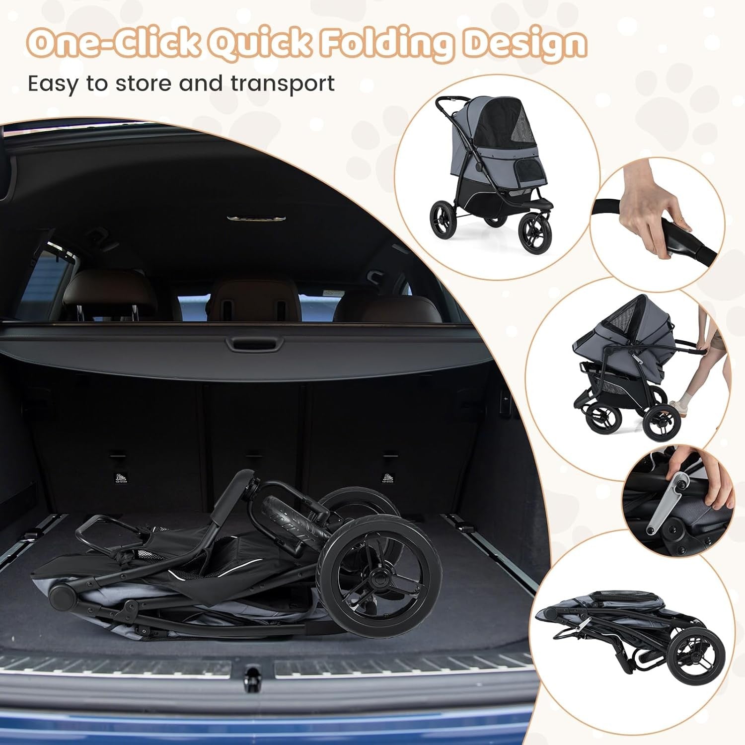 3 Wheel Pet Stroller for Small Medium Dogs Cats Foldable Travel Pushchair