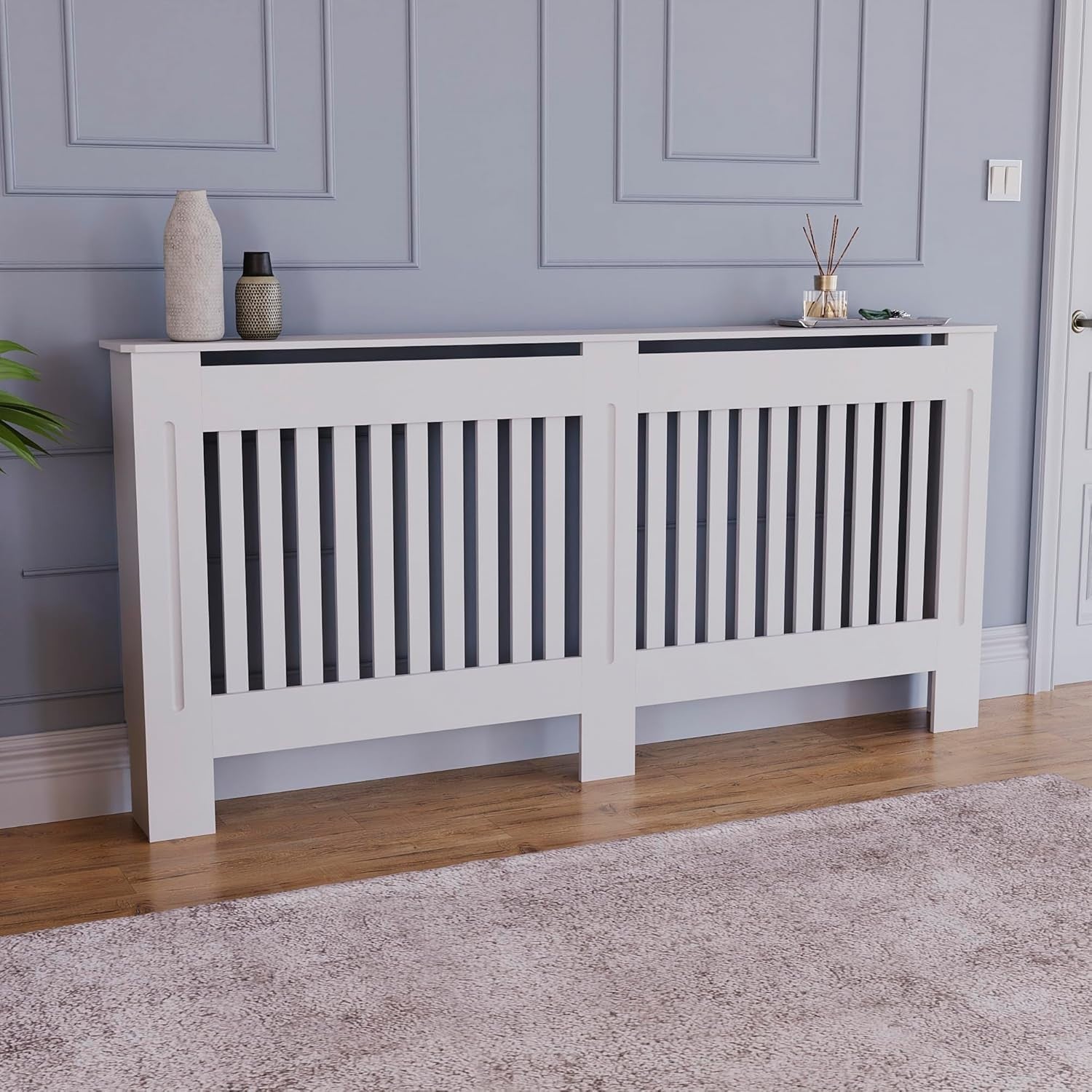 Extra Large White Radiator Cover | Modern Slatted MDF Heating Cabinet with Shelf