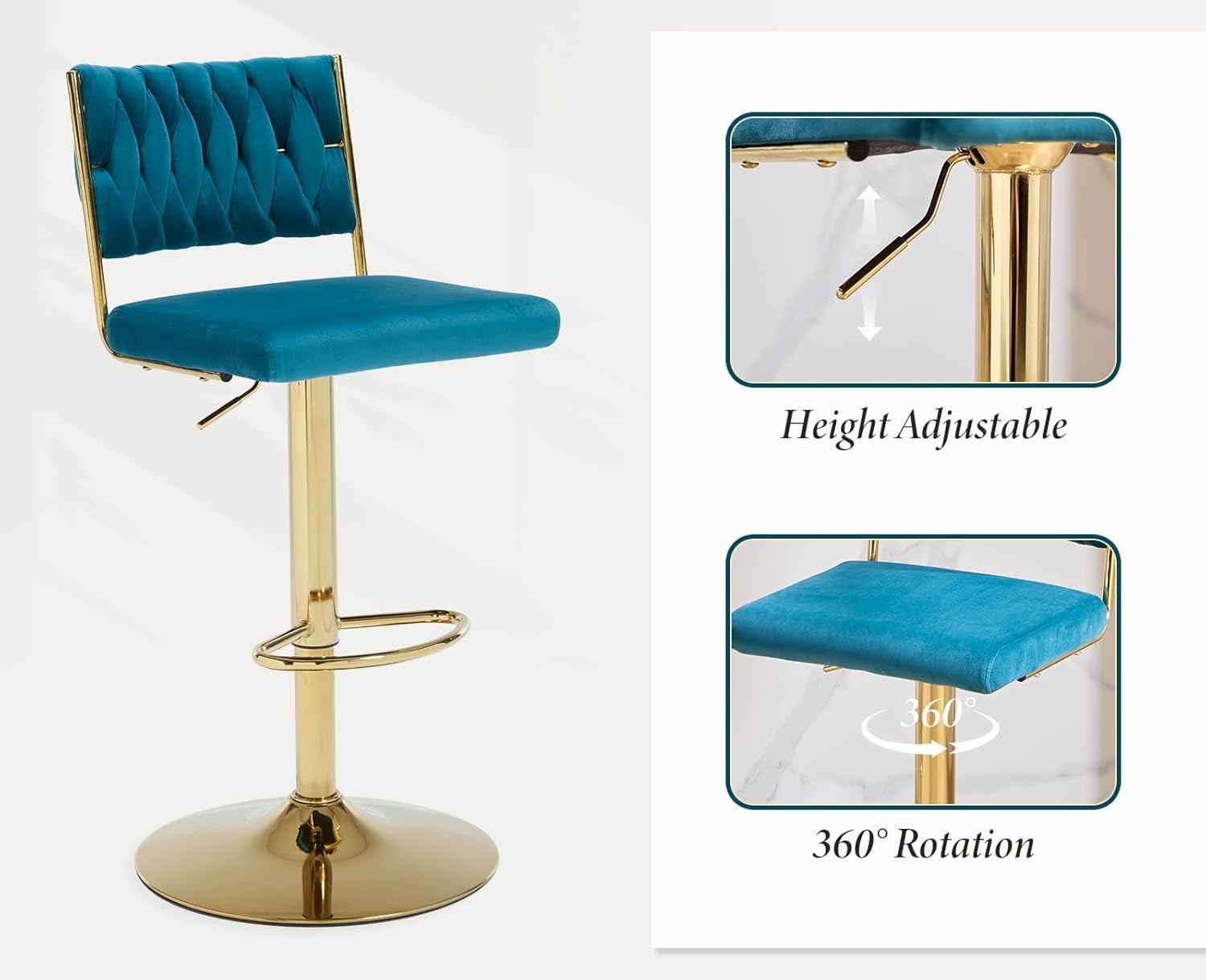 Adjustable Velvet Bar Stools Set of 2 Teal Swivel Counter Chairs