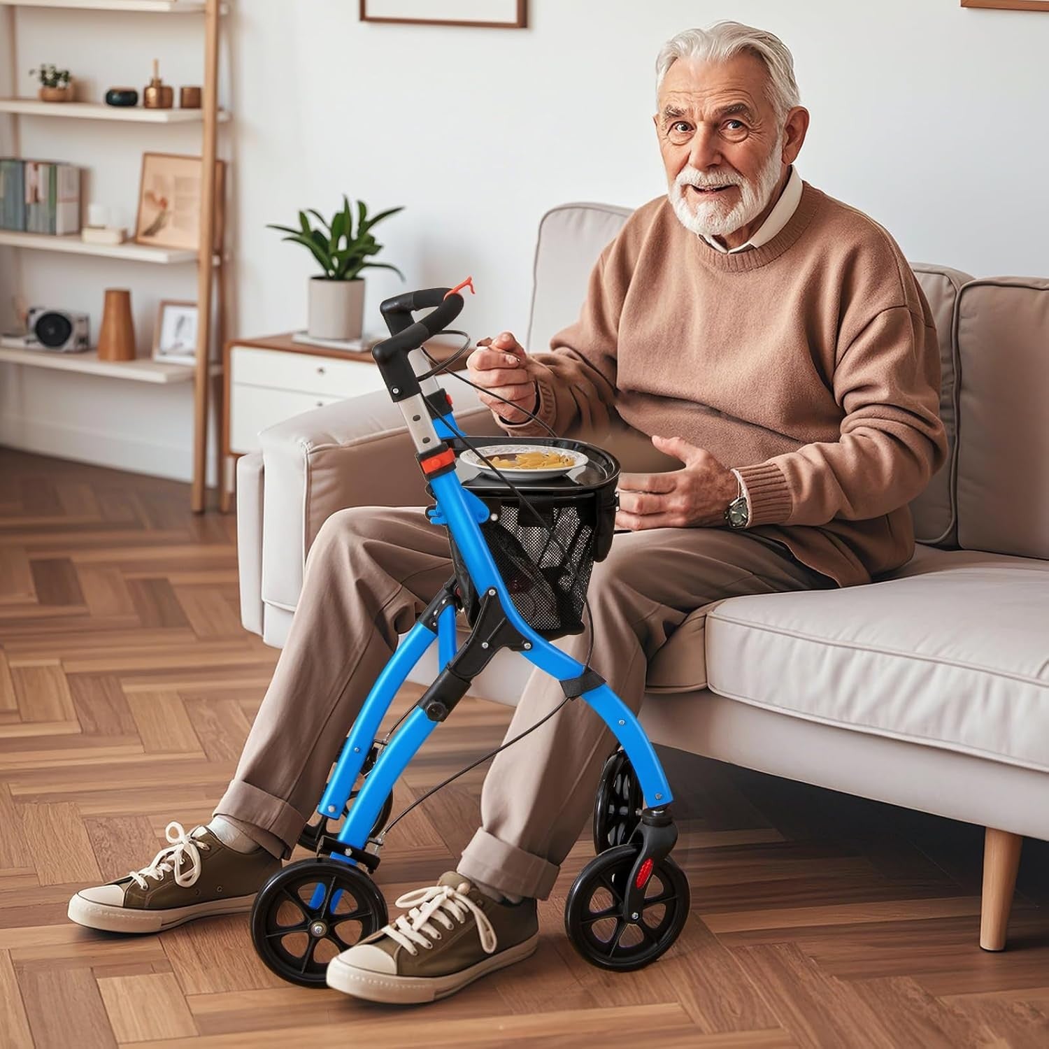 Lightweight Folding Rollator Walker 4 Wheel Basket Brakes Narrow Blue