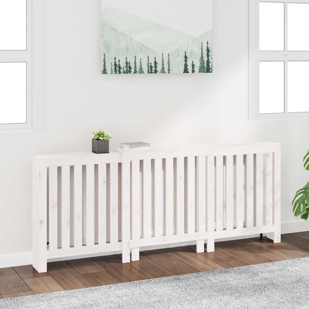 White Radiator Cover 210x21x85cm Solid Pine Wood | Slatted Heating Cabinet