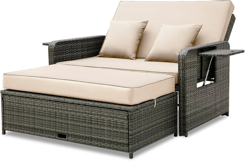 Beige+Grey 2-Seater Rattan Outdoor Daybed with Adjustable Back, Ottoman & Cushio