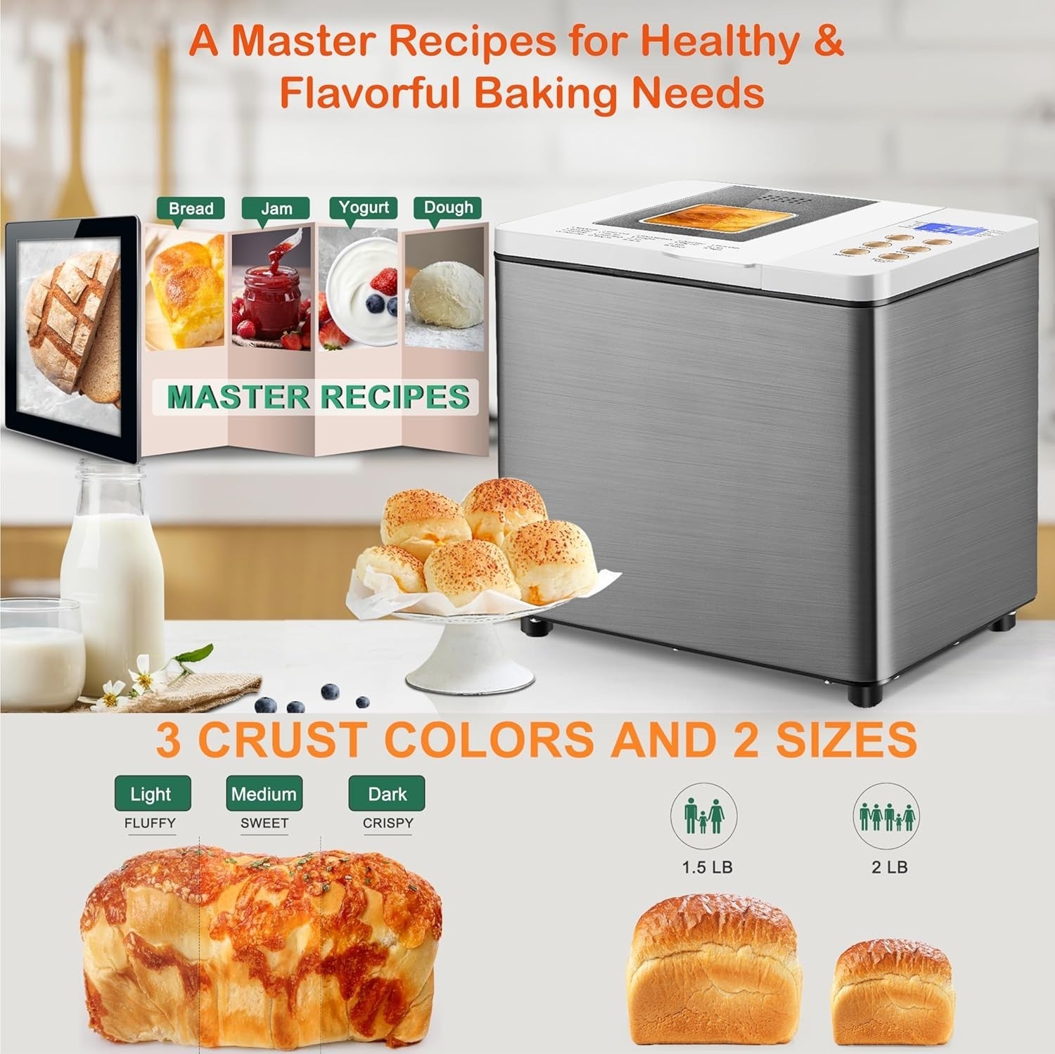 19-in-1 Stainless Steel Bread Maker 2LB Gluten-Free Sourdough Pizza Dough