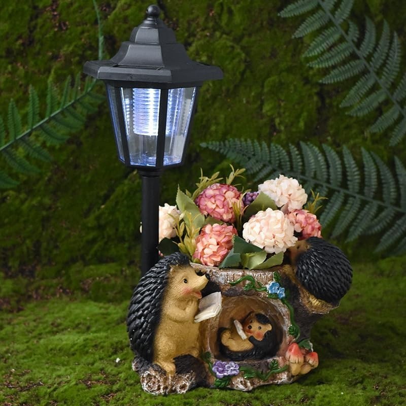 Hedgehog Garden Ornament • Resin Outdoor Statue with Planter & Lamp Post Décor