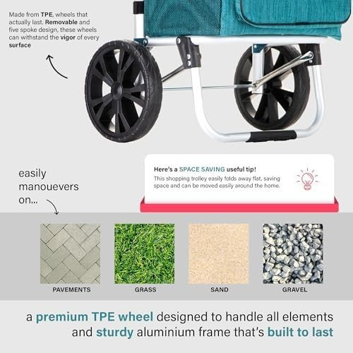 Foldable 64L Shopping Trolley Teal Lightweight Cart with Wheels