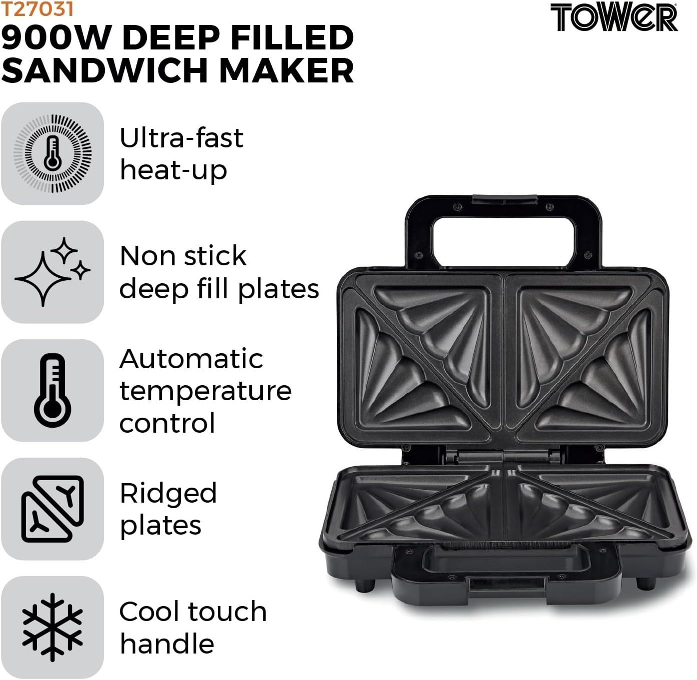 Deep Fill Sandwich Maker 900W Stainless Steel Non-Stick Toastie Grill