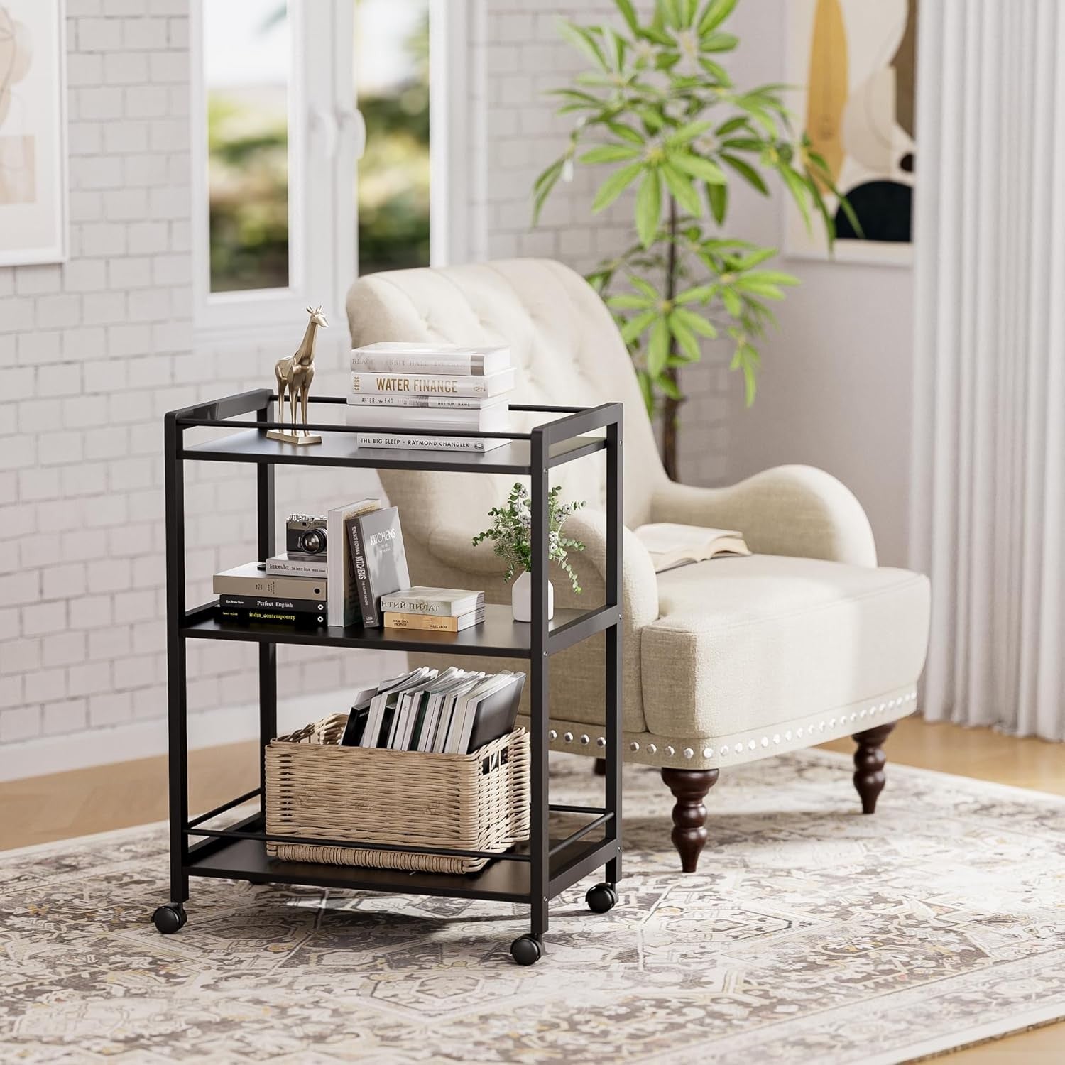 3 Tier Bar Cart Black Rolling Drinks Trolley with Storage Shelves Wheels